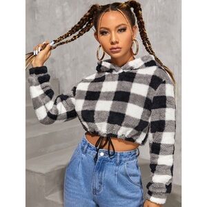 SHEIN Drop Shoulder Drawstring Hem Buffalo Plaid Teddy Hoodie